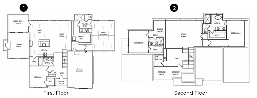 The Ridgeview Retreat Main Floor Plan | Locke & Headley Homes The Ridgeview Retreat upper floor plan featuring two bedrooms with private baths, a spacious loft, expansive bonus room, walk-in closets, laundry area, and additional storage space.