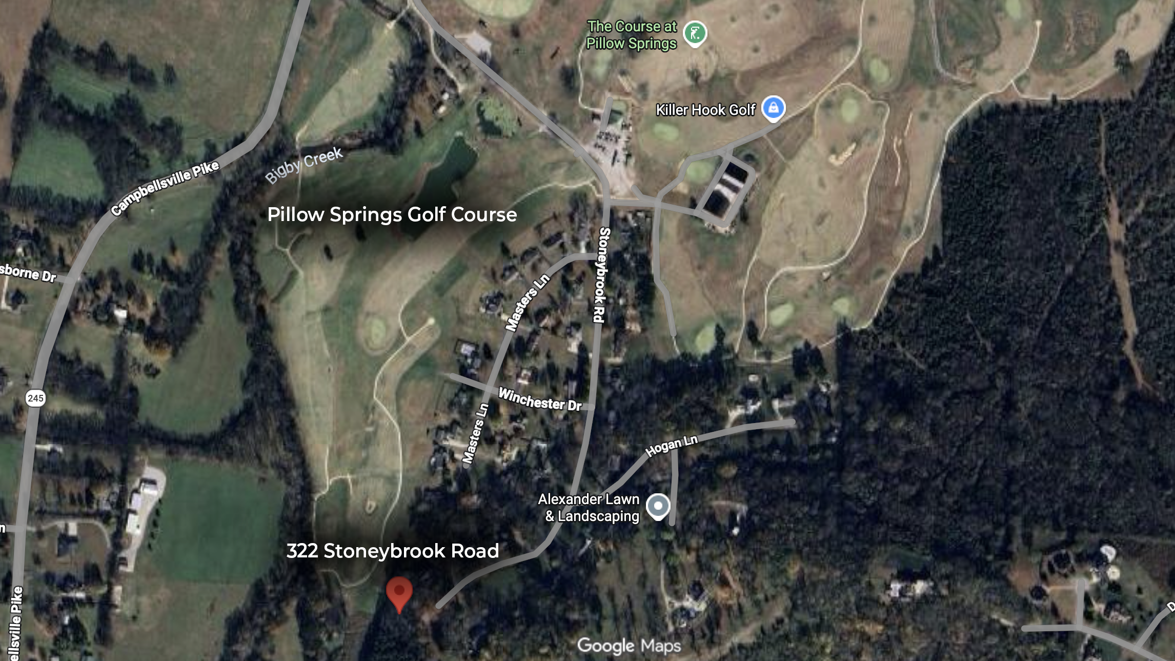 Map showing Stoneybrook Estates in Columbia, Tennessee, near The Course at Pillow Springs golf course.
