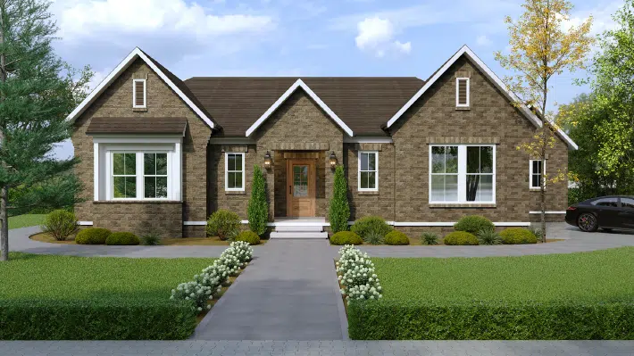 Front exterior rendering of The Stoneybrook by Locke & Headley Homes, a mountain-inspired luxury custom home featuring a walk-out basement, covered rear deck, and golf course homesite in Columbia, Tennessee.